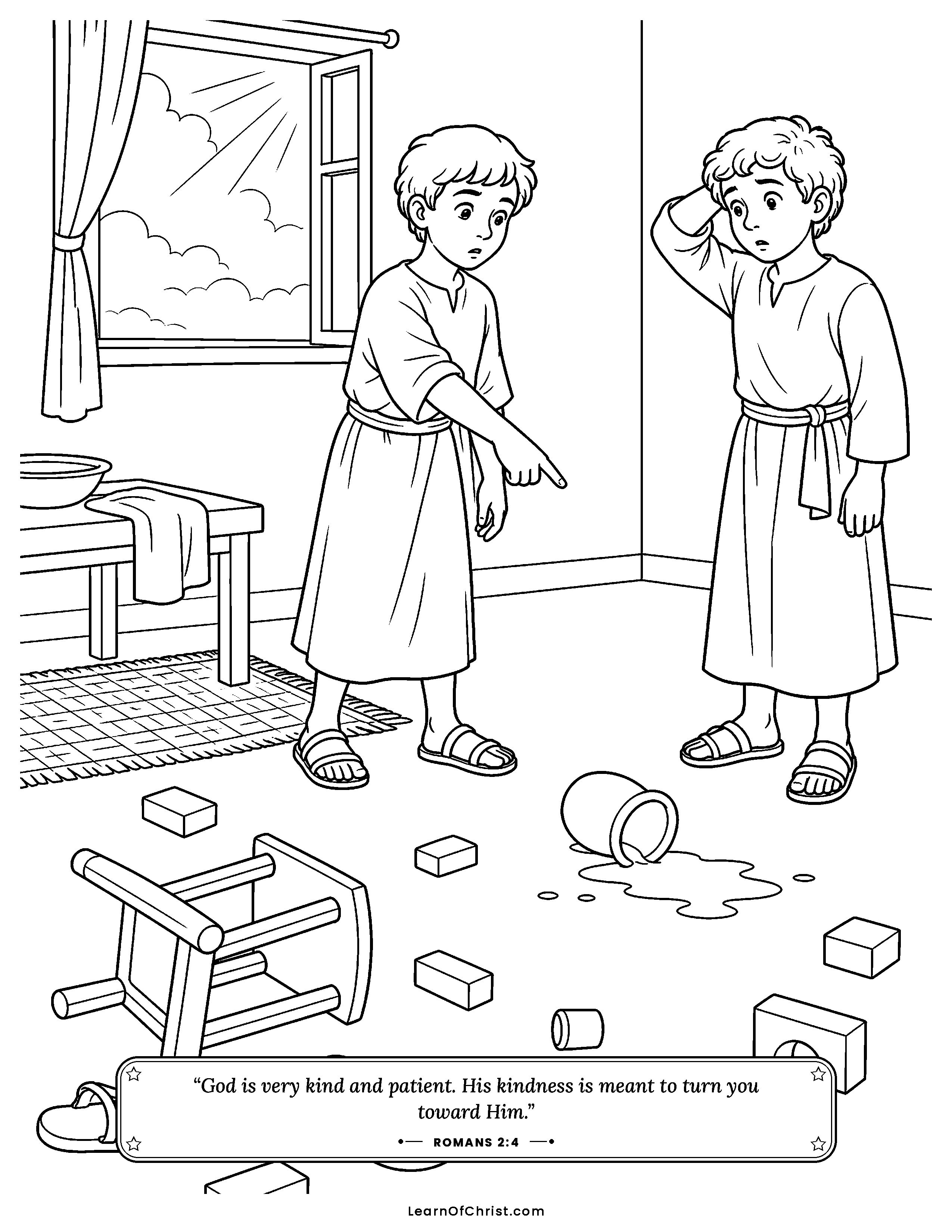 Romans 2 coloring page - Pointing with a mess behind him. Free printable Bible coloring sheet for kids.
