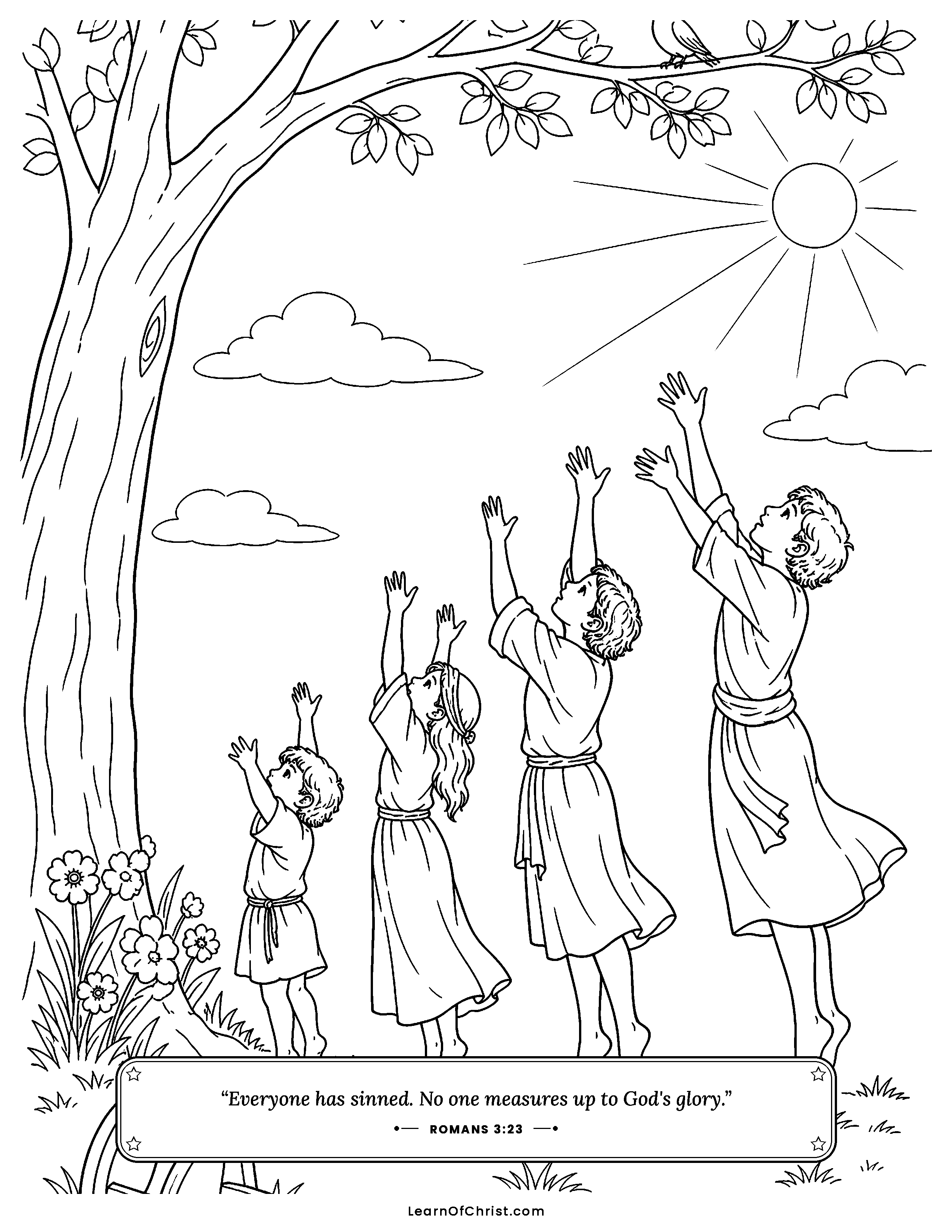 Romans 3 coloring page - Nobody can reach the top branch. Free printable Bible coloring sheet for kids.