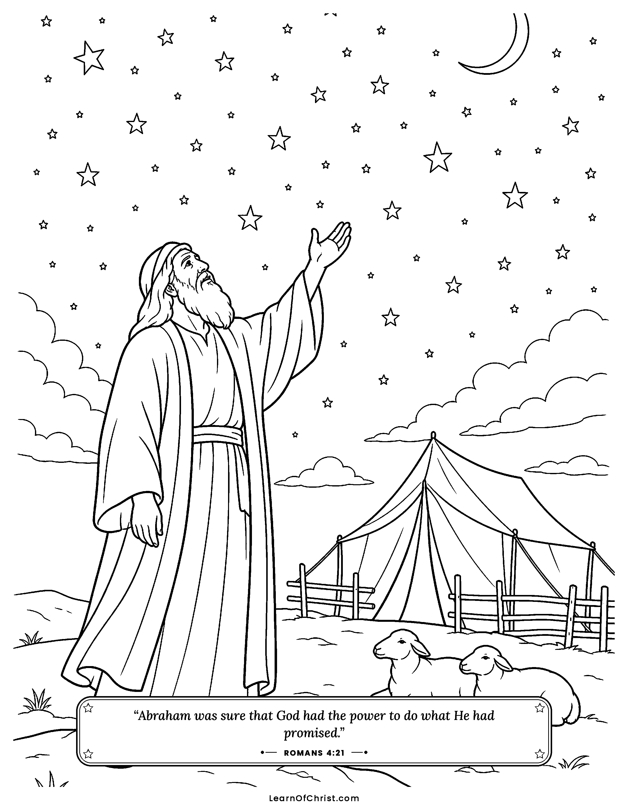 Romans 4 coloring page - Abraham counts the stars in the sky. Free printable Bible coloring sheet for kids.