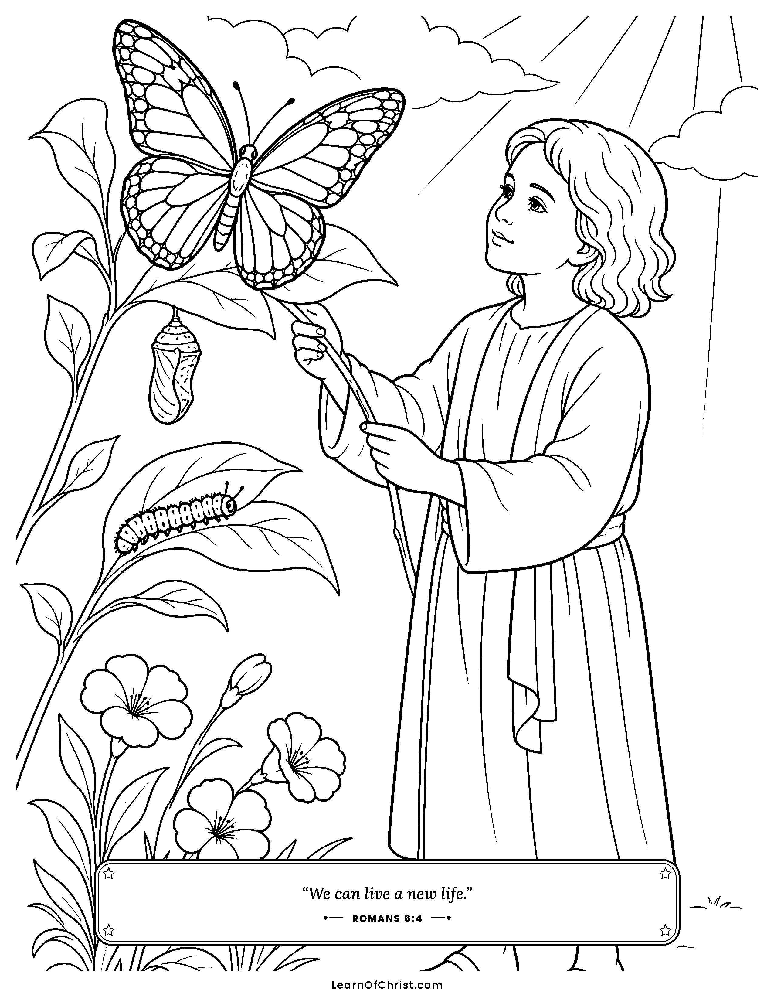 Romans 6 coloring page - A caterpillar becomes a butterfly. Free printable Bible coloring sheet for kids.