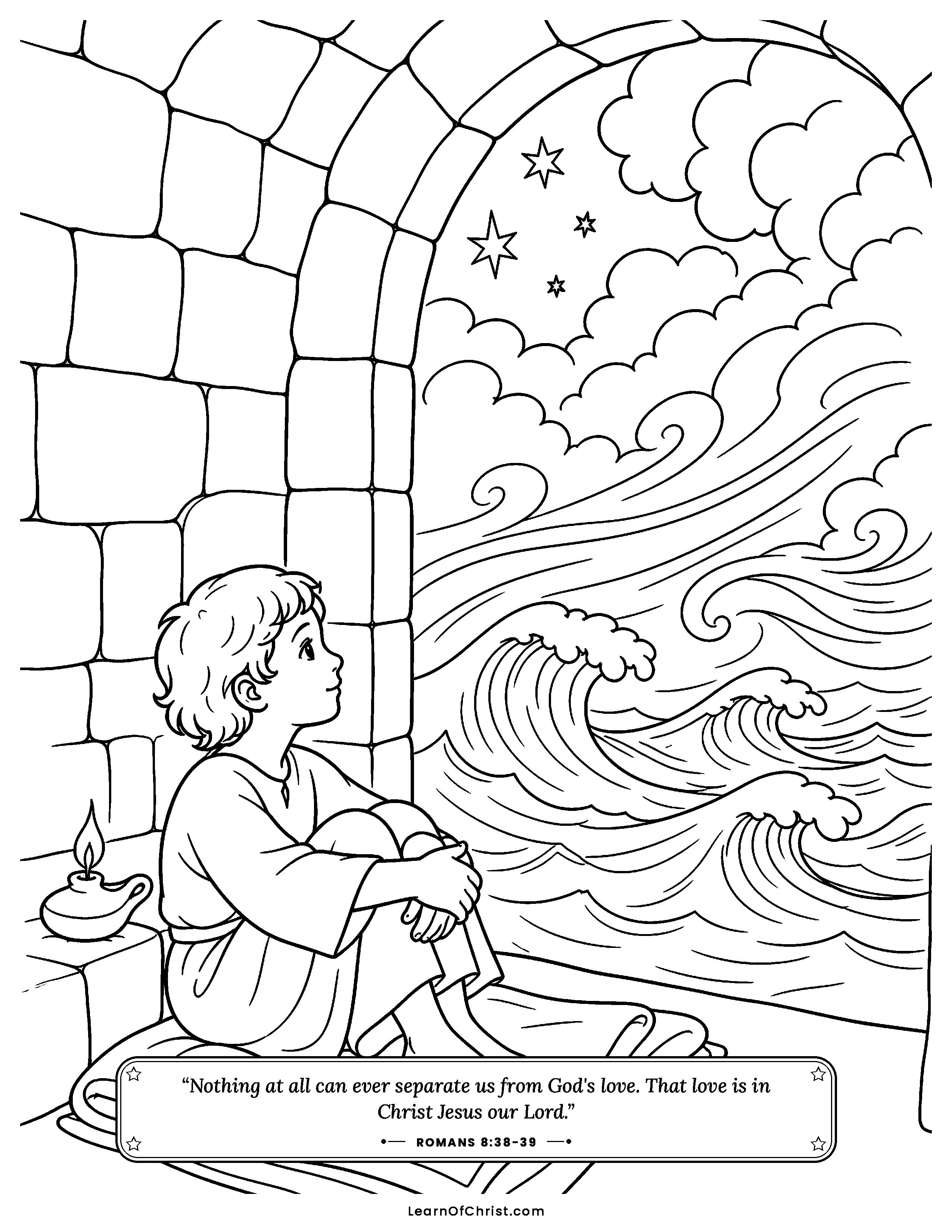 Romans 8 coloring page - Held safe while the storm passes. Free printable Bible coloring sheet for kids.