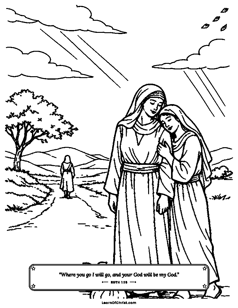 Ruth 1 coloring page - Ruth holds on to Naomi on the road