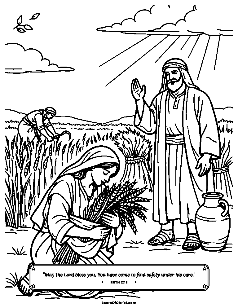 Ruth 2 coloring page - Ruth gathers grain in Boaz's field