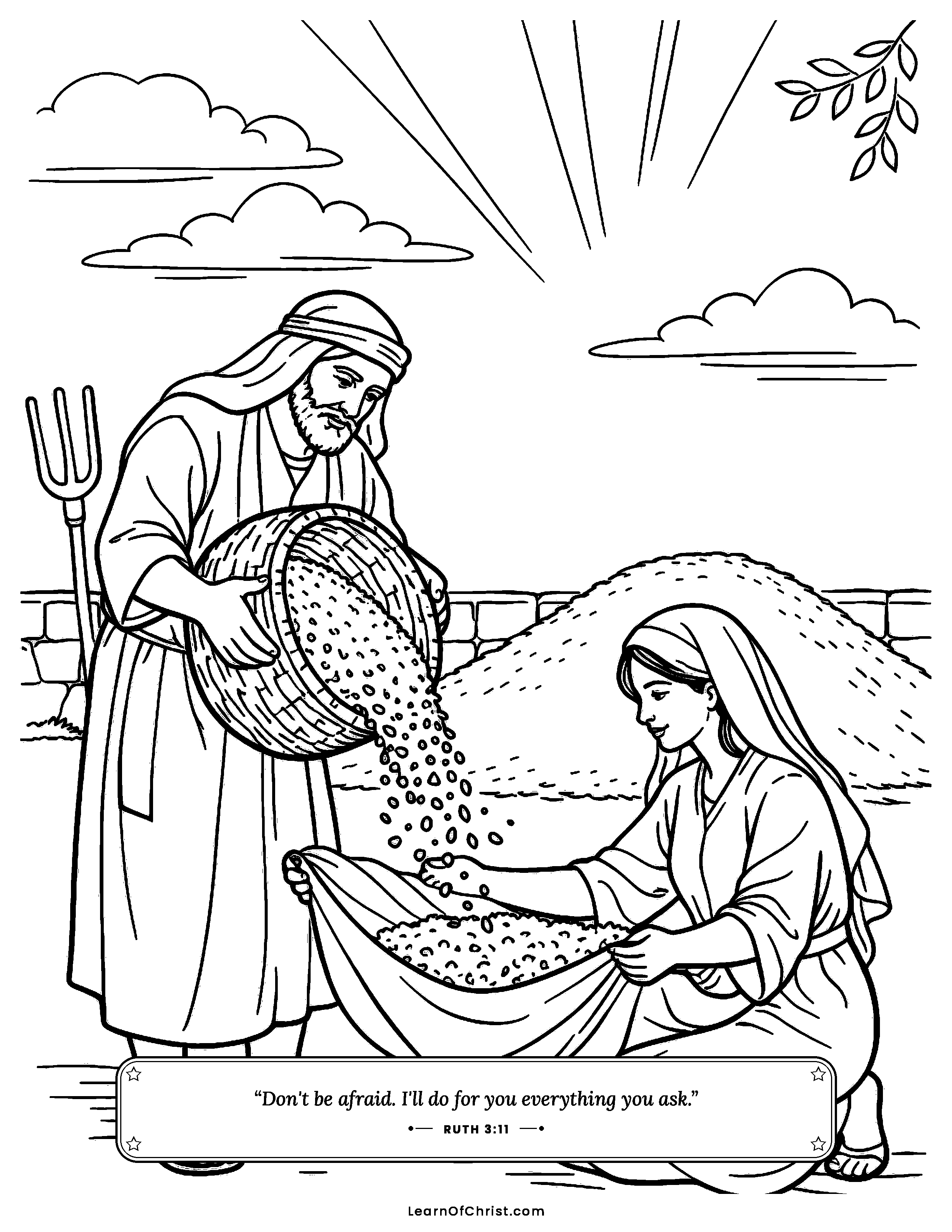 Ruth 3 coloring page - Boaz pours barley into Ruth's shawl. Free printable Bible coloring sheet for kids.