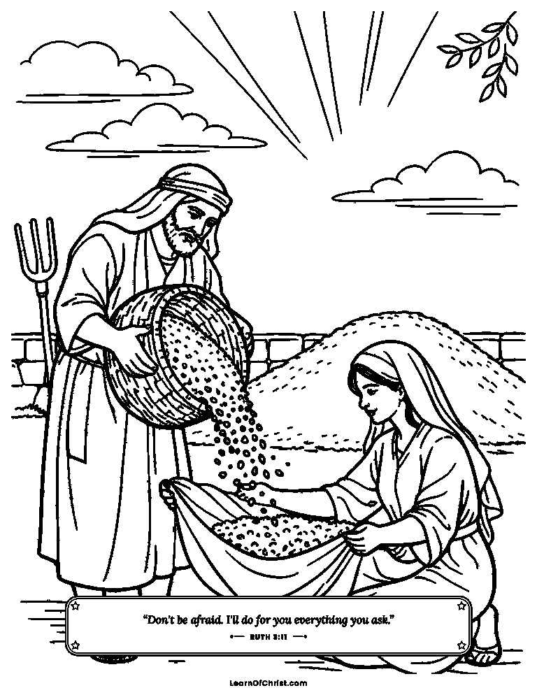Ruth 3 coloring page - Boaz pours barley into Ruth's shawl