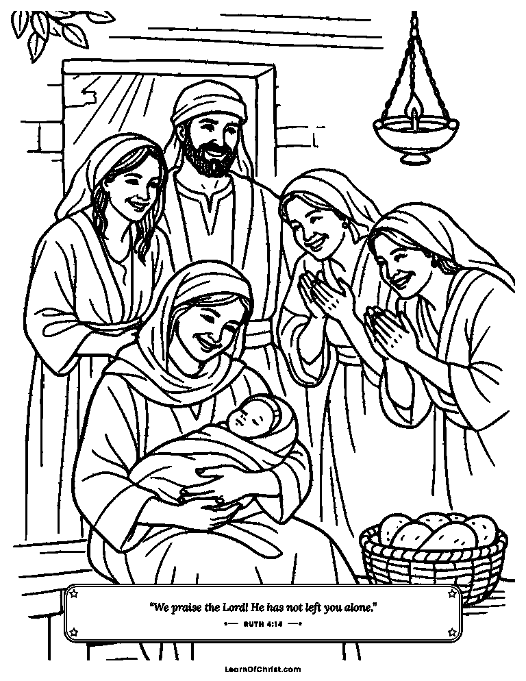 Ruth 4 coloring page - Naomi holds baby Obed with joy