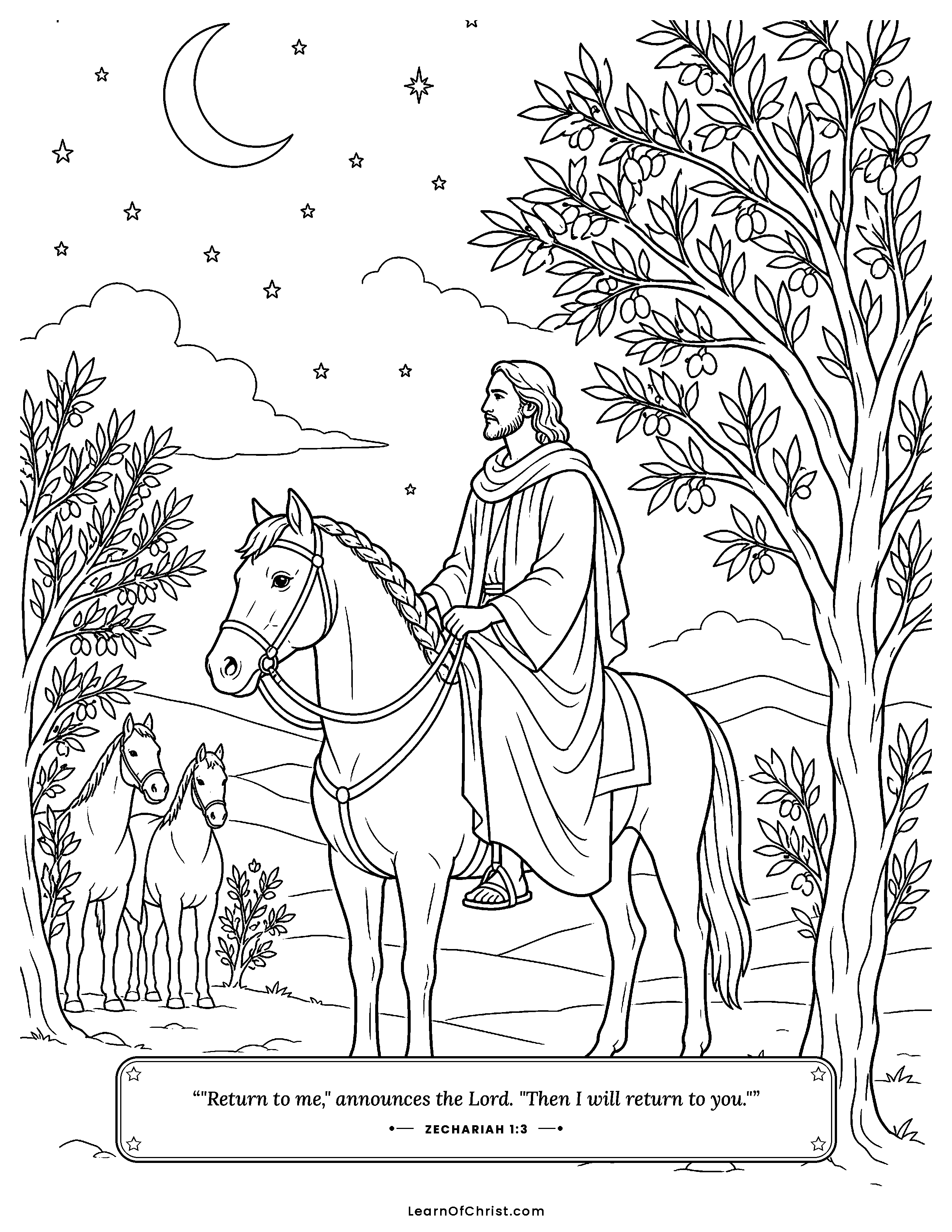 Zechariah 1 coloring page - A rider among the myrtle trees at night. Free printable Bible coloring sheet for kids.