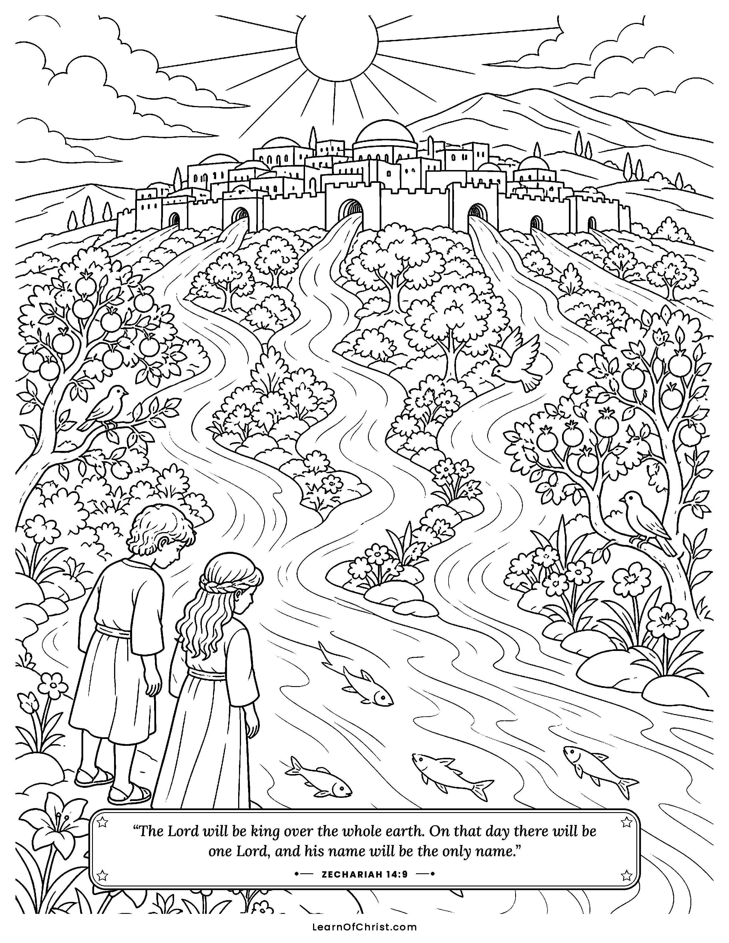 Zechariah 14 coloring page - Rivers flow out from the city forever. Free printable Bible coloring sheet for kids.