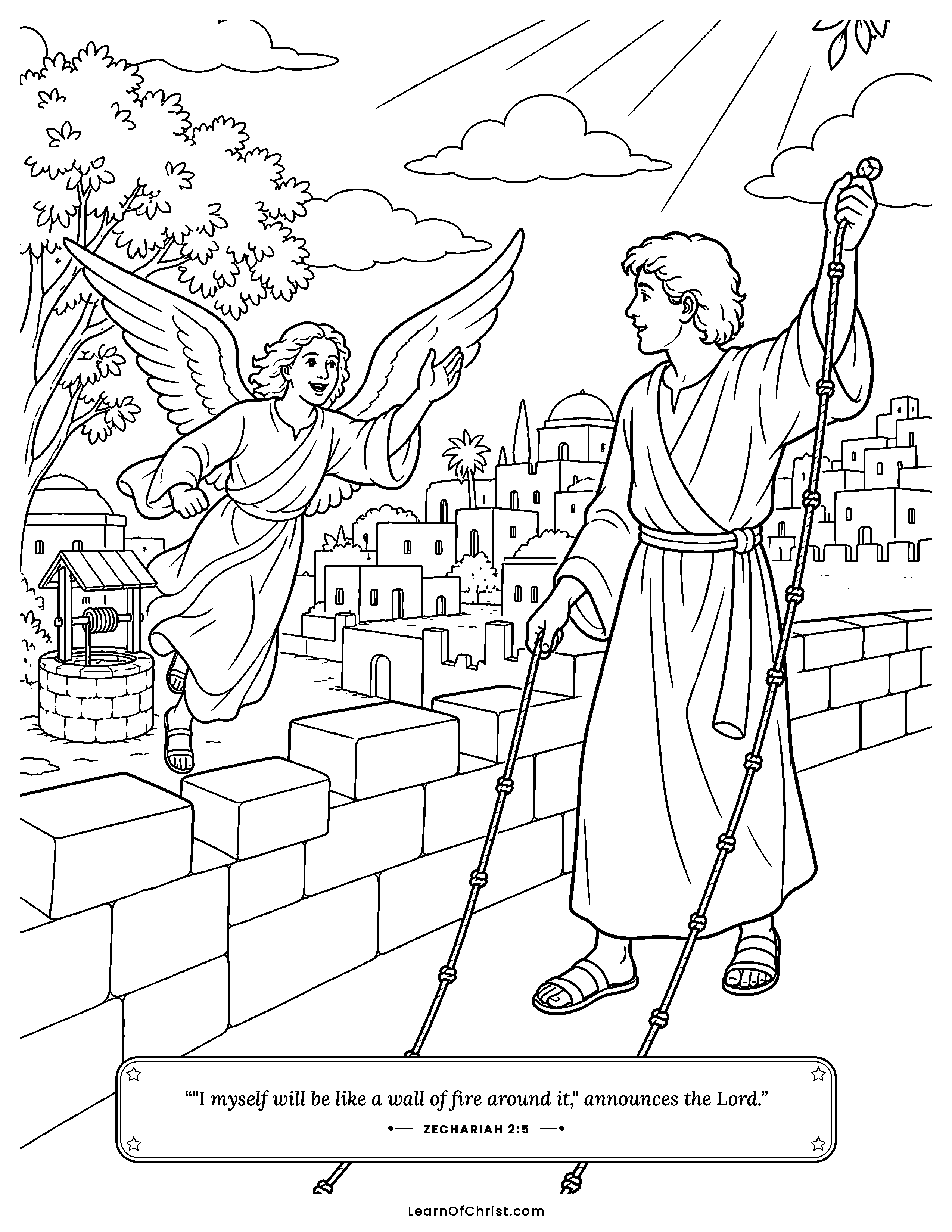 Zechariah 2 coloring page - A man measures the city with a line. Free printable Bible coloring sheet for kids.