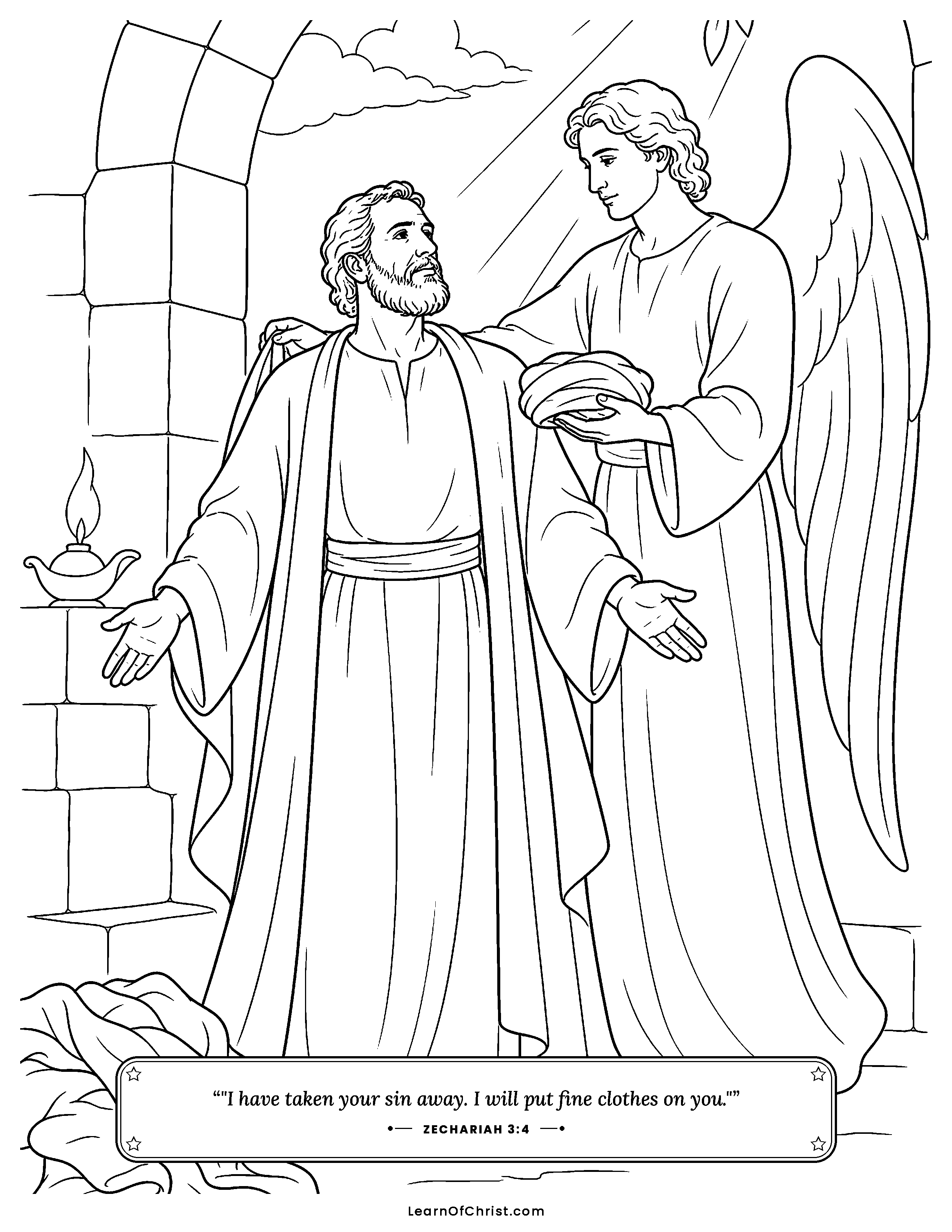Zechariah 3 coloring page - Clean new robes for the priest. Free printable Bible coloring sheet for kids.