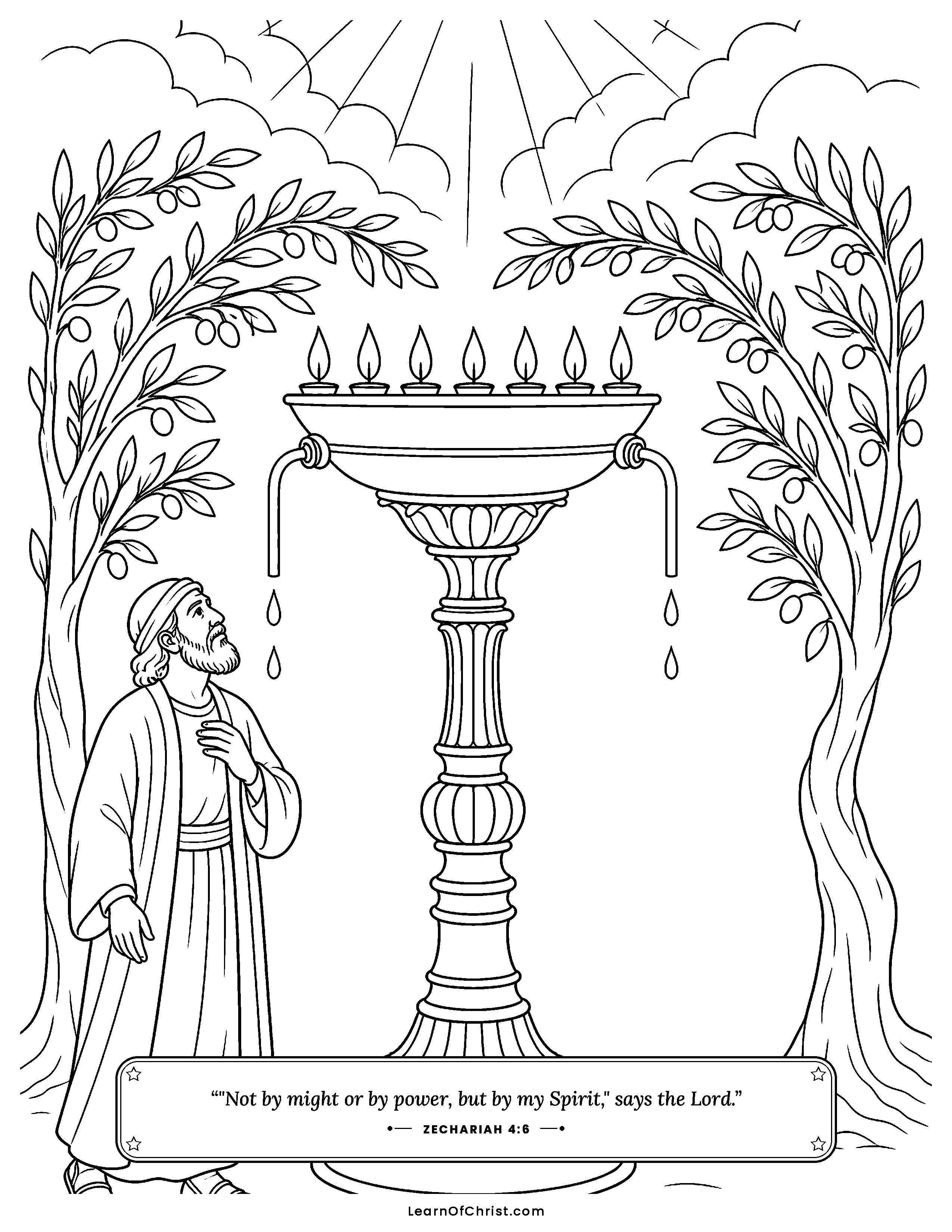 Zechariah 4 coloring page - A golden lampstand with olive trees. Free printable Bible coloring sheet for kids.