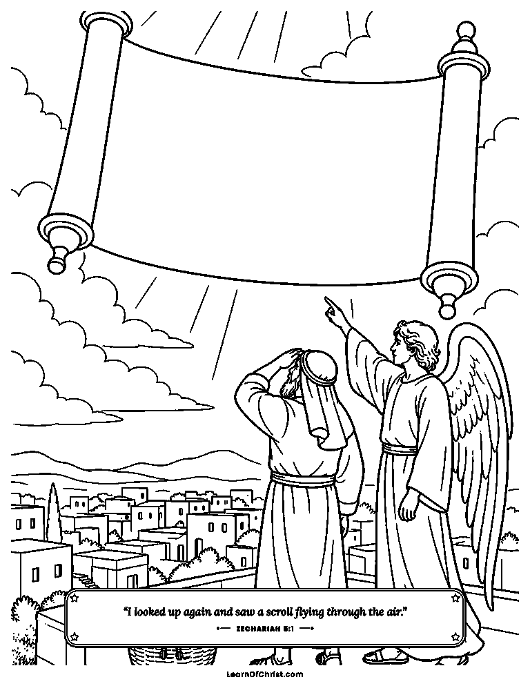 Zechariah 5 coloring page - A great scroll flying across the sky