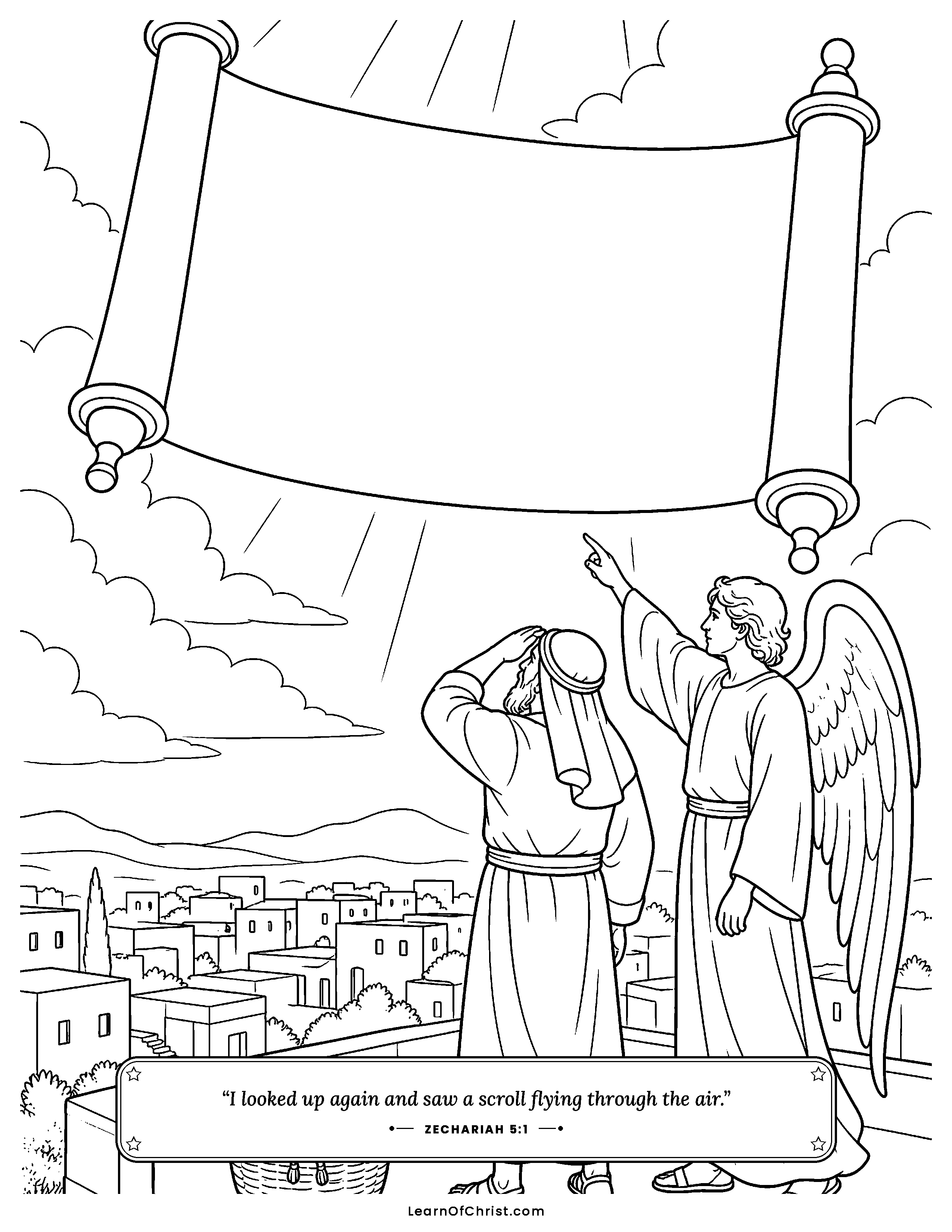 Zechariah 5 coloring page - A great scroll flying across the sky. Free printable Bible coloring sheet for kids.