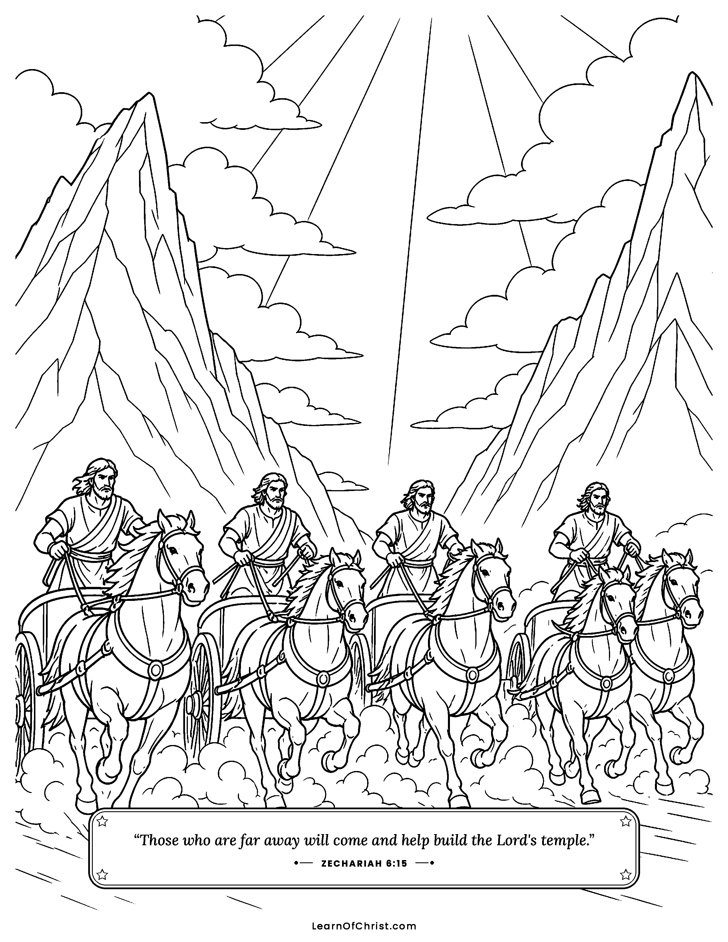 Zechariah 6 coloring page - Four chariots ride out to the world. Free printable Bible coloring sheet for kids.