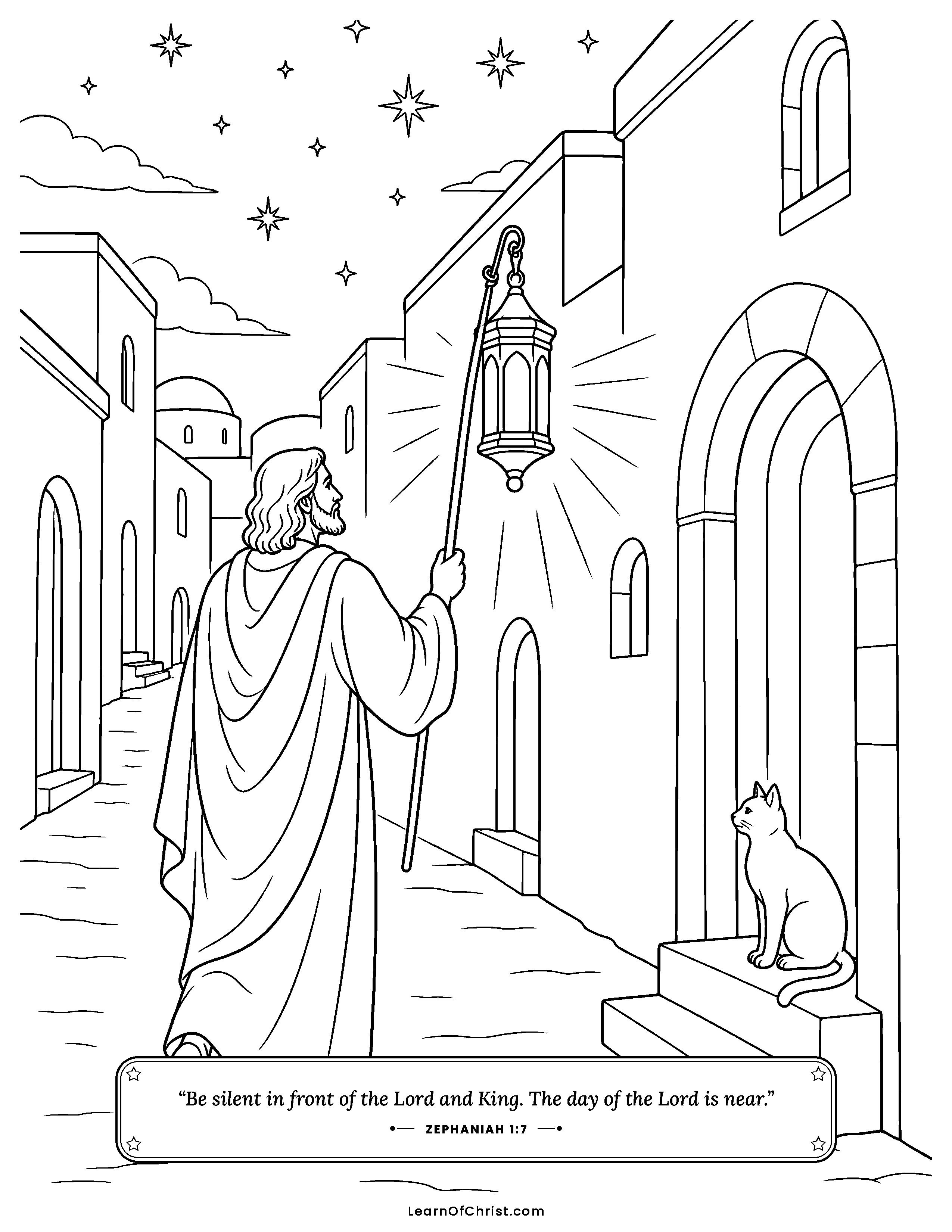 Zephaniah 1 coloring page - Searching the city with a lantern. Free printable Bible coloring sheet for kids.
