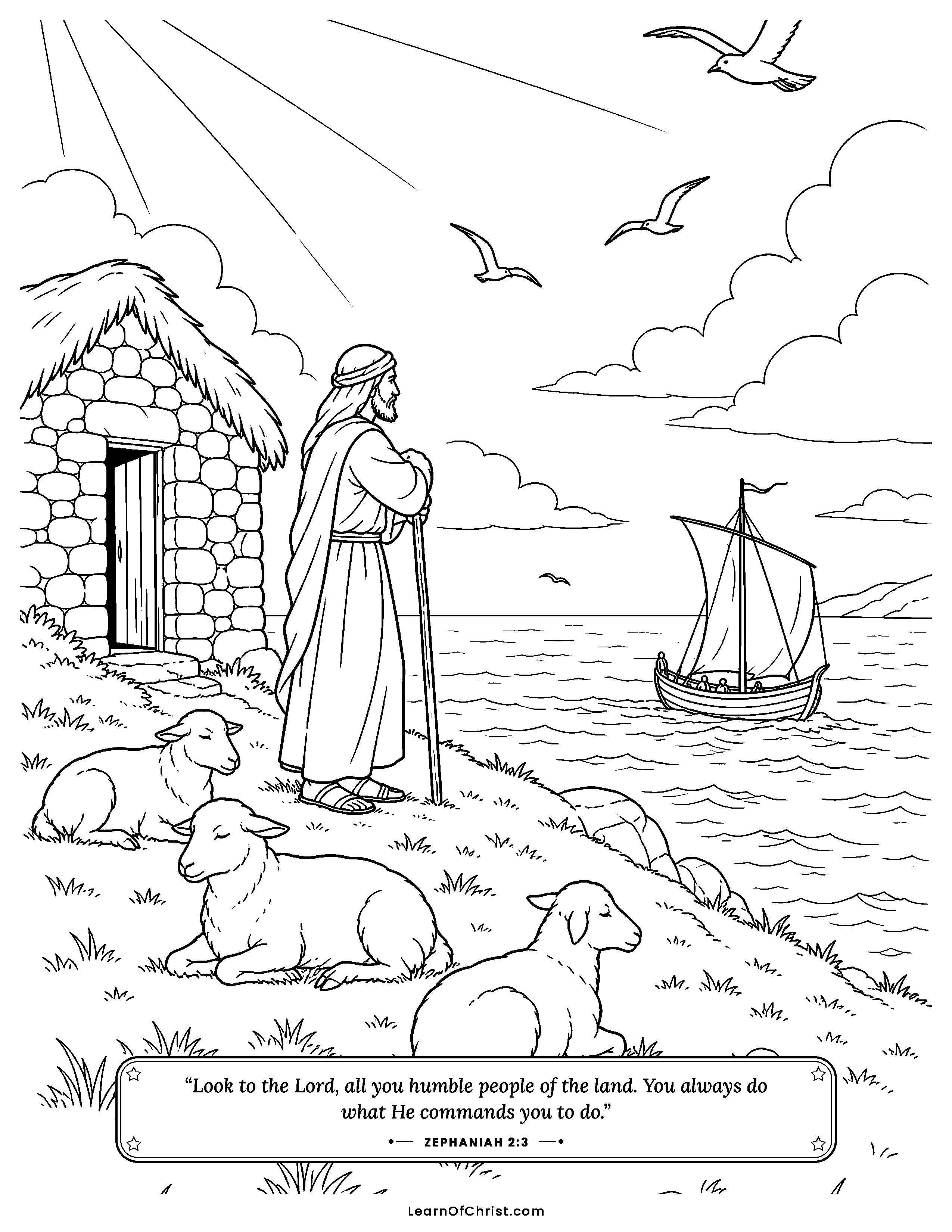 Zephaniah 2 coloring page - Shepherd huts along the quiet seacoast. Free printable Bible coloring sheet for kids.