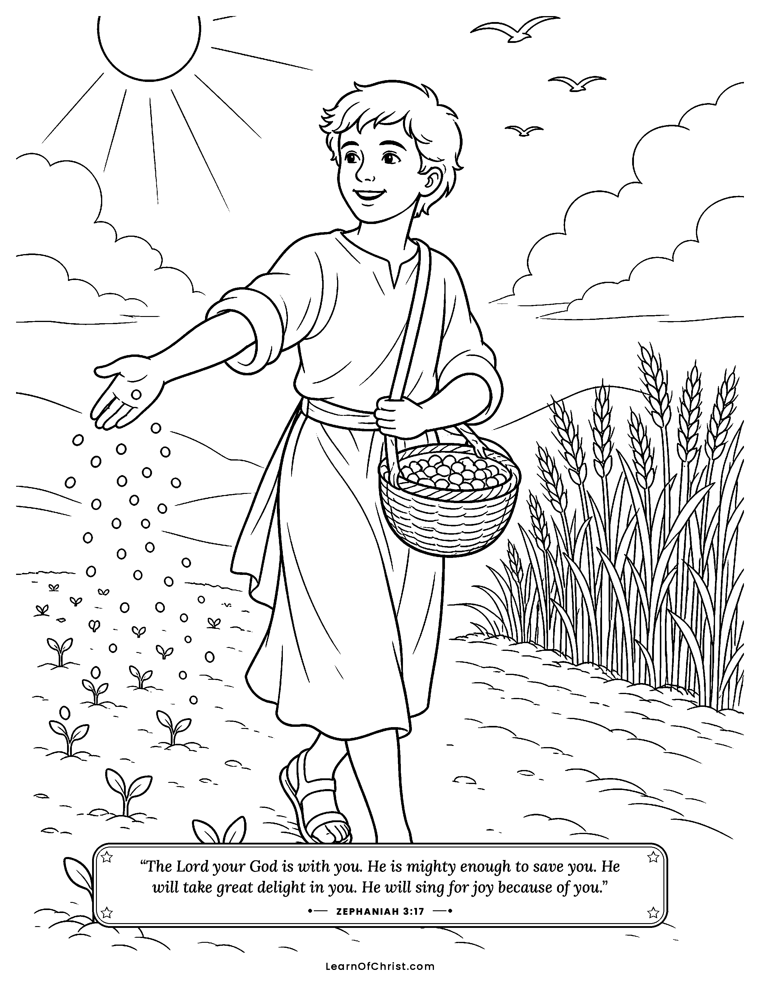 Zephaniah 3 coloring page - A village sings and dances for joy. Free printable Bible coloring sheet for kids.